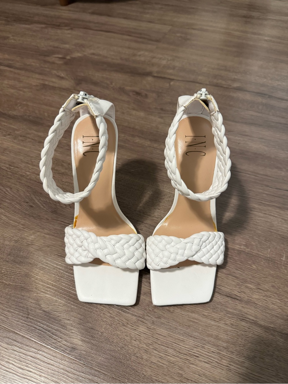 INC White Braided Ankle Strap Heels